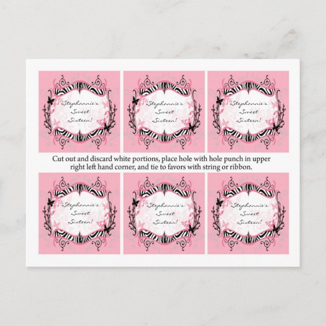 Carte Postale 6 Favoriser les étiquettes Girly Butterfly Zebra P (Devant)