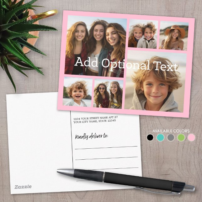 Carte Postale 6 Photo Collage Optional Text -- CAN Edit Pink (Custom Photo Collage on a Postcard)