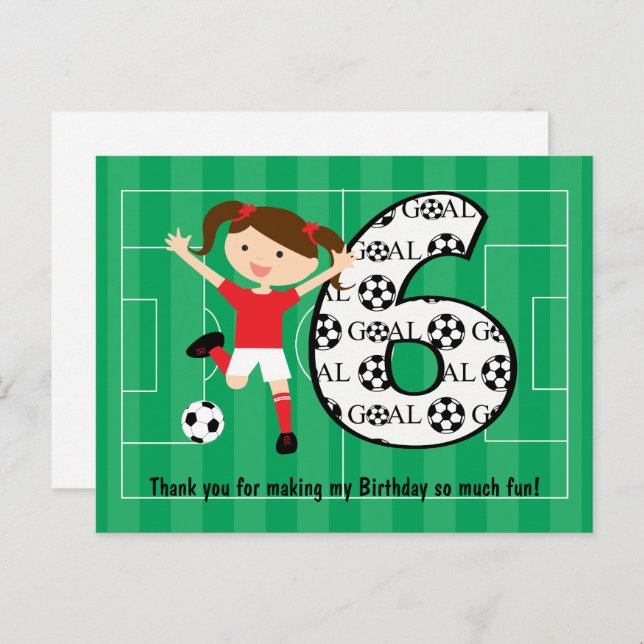 Carte Postale 6e anniversaire Fille de football rouge et blanc 1 (Devant / Derrière)