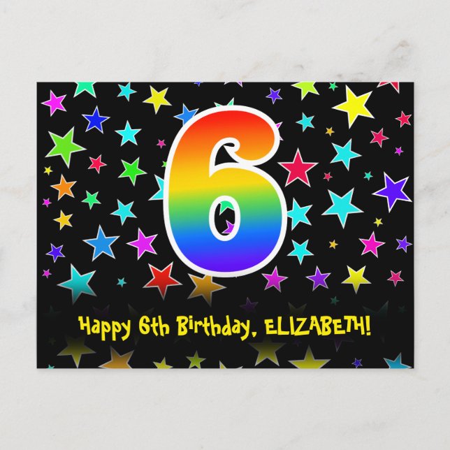 Carte Postale 6e anniversaire : Fun Stars Motif, Rainbow 6, Nom (Devant)