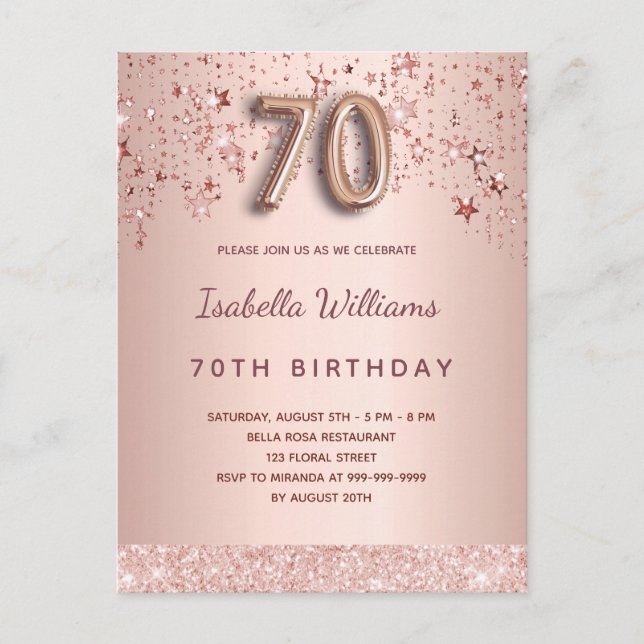 Carte Postale 70e anniversaire blush rose or étoiles script de b (Devant)