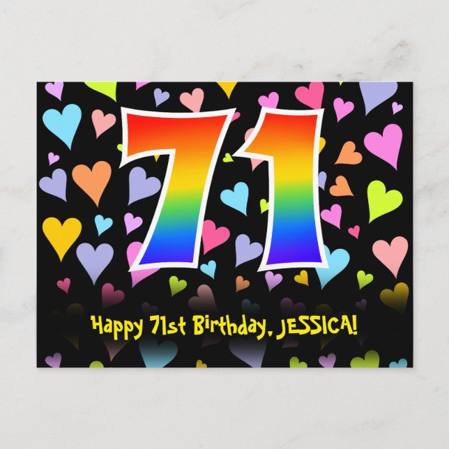 Carte Postale 71e anniversaire : Fun Hearts Motif, Arc-en-ciel 7 (Devant)