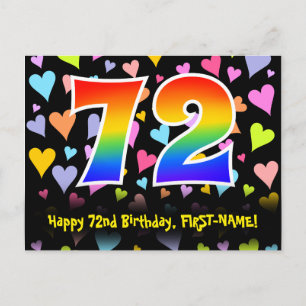 Carte Postale 72e anniversaire : motif coeurs amusants, arc-en-c