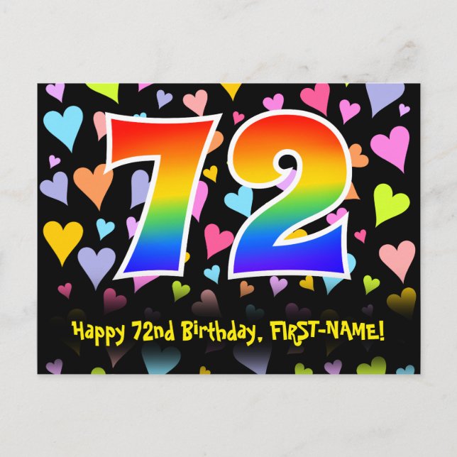 Carte Postale 72e anniversaire : motif coeurs amusants, arc-en-c (Devant)