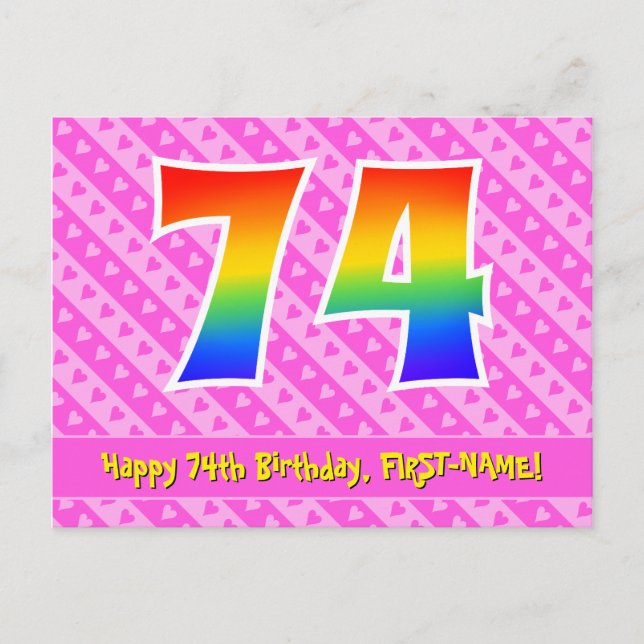 Carte Postale 74e anniversaire : rayures roses et cœurs, arc-en- (Devant)