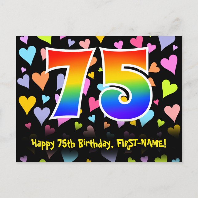Carte Postale 75e anniversaire : motif coeurs amusants, arc-en-c (Devant)
