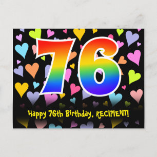 Carte Postale 76e anniversaire : motif coeurs amusants, arc-en-c