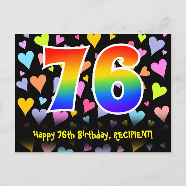 Carte Postale 76e anniversaire : motif coeurs amusants, arc-en-c (Devant)