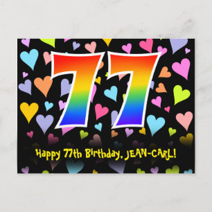 Carte Postale 77e anniversaire : motif coeurs amusants, arc-en-c