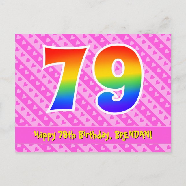 Carte Postale 79e anniversaire : Pink Stripes & Hearts, Rainbow  (Devant)