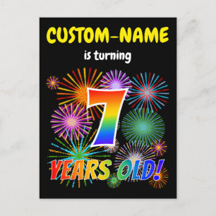 Carte Postale 7e anniversaire - Fun Fireworks, Rainbow Look "7"
