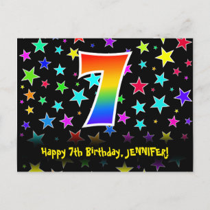Carte Postale 7e anniversaire : Fun Stars Motif, Rainbow 7, Nom