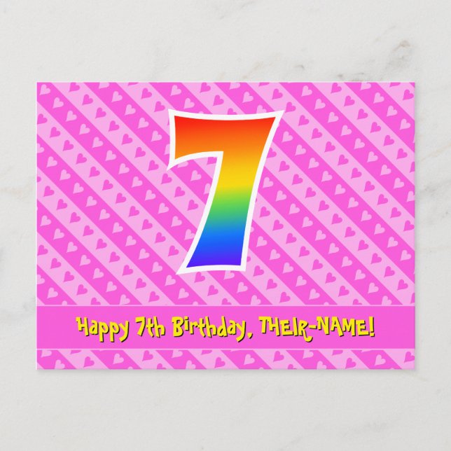 Carte Postale 7e anniversaire : Pink Stripes & Hearts, Rainbow 7 (Devant)