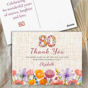 Carte Postale 80e anniversaire - Élégant numéro floral 80 Merci
