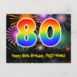 Carte Postale 80e anniversaire - Fun Motif Fireworks + Arc-en-ci