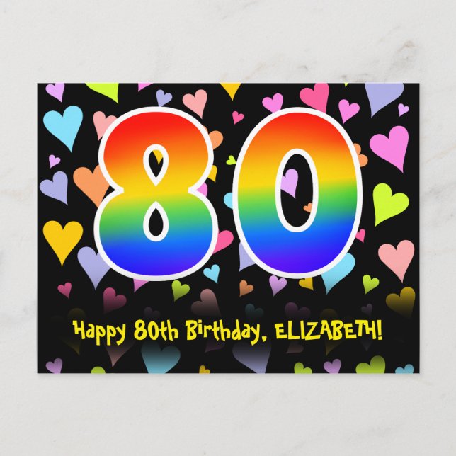 Carte Postale 80e Anniversaire : motif coeurs amusants, arc-en-c (Devant)