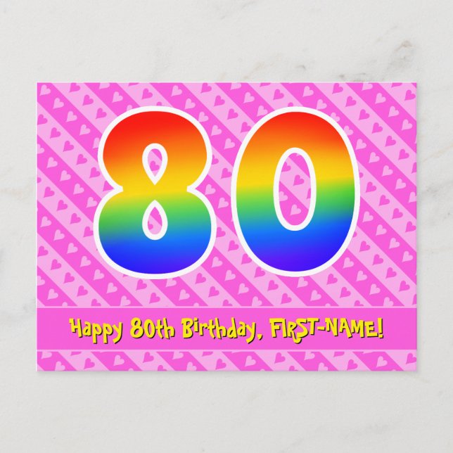 Carte Postale 80e anniversaire : Pink Stripes & Hearts, Arc-en-c (Devant)
