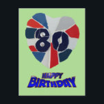 Carte postale 80th Birthday Mosaic Art<br><div class="desc">Ce coeur avec 80 dessus fait partie d'un cadre photo que j'ai créé spécialement pour le 80ème anniversaire d'un bon ami de mes parents. Elle aime la couleur bleue, donc le choix des couleurs a été facile à faire. C'est un design de mosaïque unique. Vous pouvez ajouter votre propre couleur...</div>