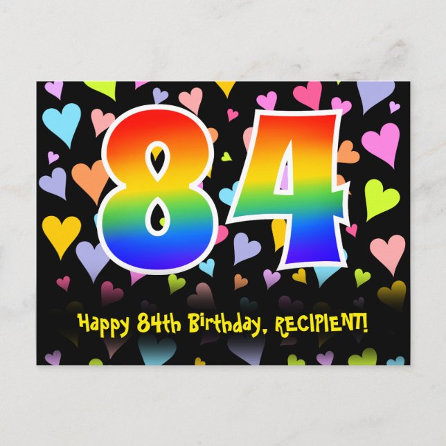 Carte Postale 84e anniversaire : Fun Hearts Motif, Arc-en-ciel 8 (Devant)