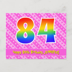 Carte Postale 84e anniversaire : rayures roses et cœurs, arc-en-