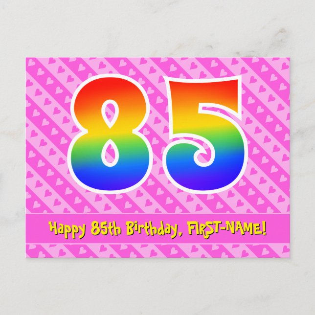 Carte Postale 85e anniversaire : rayures roses et cœurs, arc-en- (Devant)