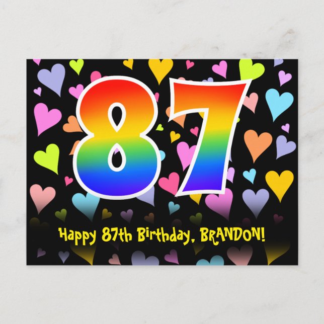 Carte Postale 87e anniversaire : Fun Hearts Motif, Arc-en-ciel 8 (Devant)