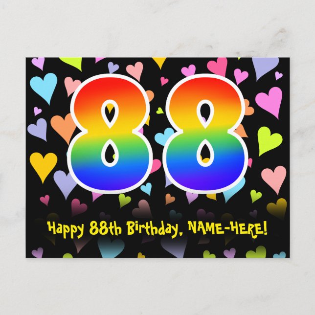 Carte Postale 88e anniversaire : Fun Hearts Motif, Arc-en-ciel 8 (Devant)