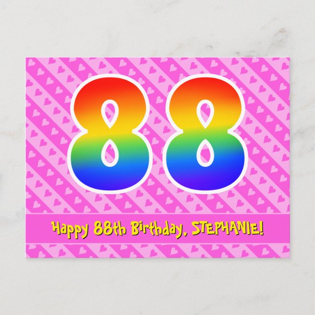 Carte Postale 88e anniversaire : Pink Stripes & Hearts, Arc-en-c (Devant)