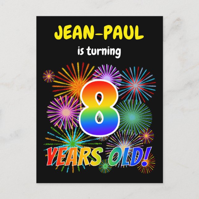 Carte Postale 8e anniversaire - Fun Fireworks, Rainbow Look "8" (Devant)