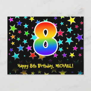 Carte Postale 8e anniversaire : Fun Stars Motif, Rainbow 8, Nom