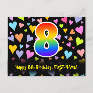 Carte Postale 8e anniversaire : motif coeurs amusants, 8 arc-en-