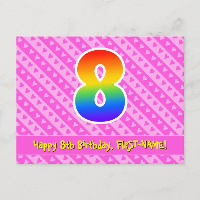 Carte Postale 8e anniversaire : Pink Stripes & Hearts, Rainbow 8 (Devant)