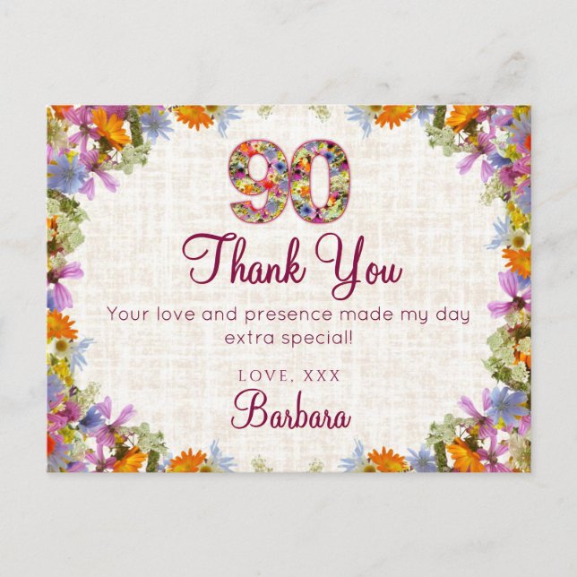 Carte Postale 90e anniversaire Merci - Design floral élégant (Devant)