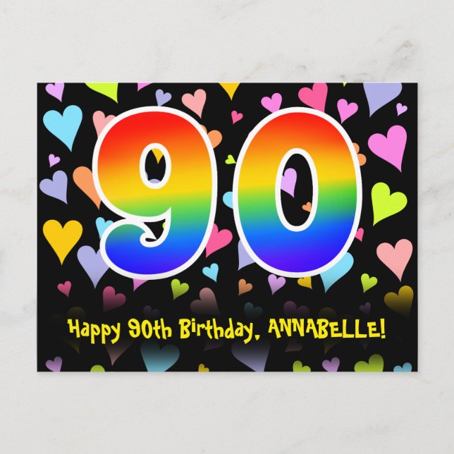 Carte Postale 90e Anniversaire : motif coeurs amusants, arc-en-c (Devant)