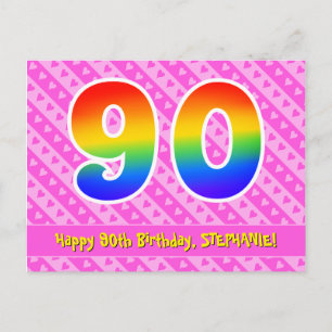 Carte Postale 90e anniversaire : rayures roses et cœurs, arc-en-