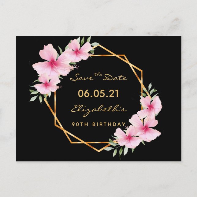 Carte Postale 90e anniversaire Save the Date tropical noir or (Devant)