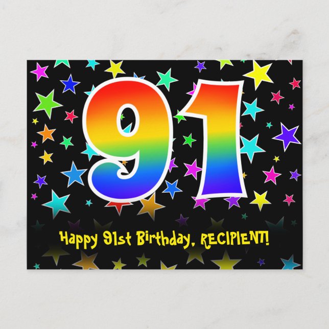Carte Postale 91e anniversaire : Fun Stars Motif, Rainbow 91, No (Devant)