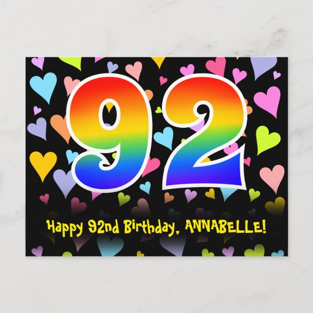 Carte Postale 92e Anniversaire : motif coeurs amusants, arc-en-c (Devant)