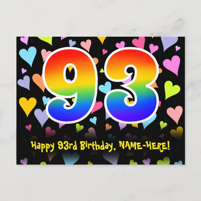 Carte Postale 93rd Birthday: Fun Hearts Pattern, Rainbow 93 (Devant)