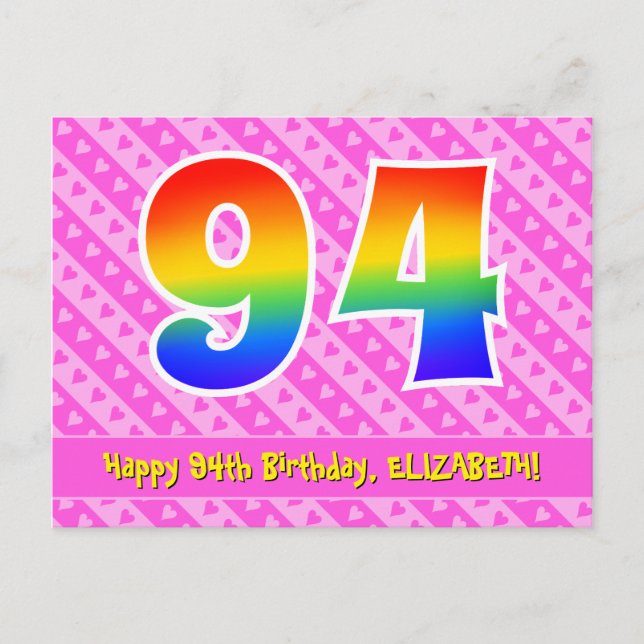 Carte Postale 94e anniversaire : Pink Stripes & Hearts, Arc en c (Devant)