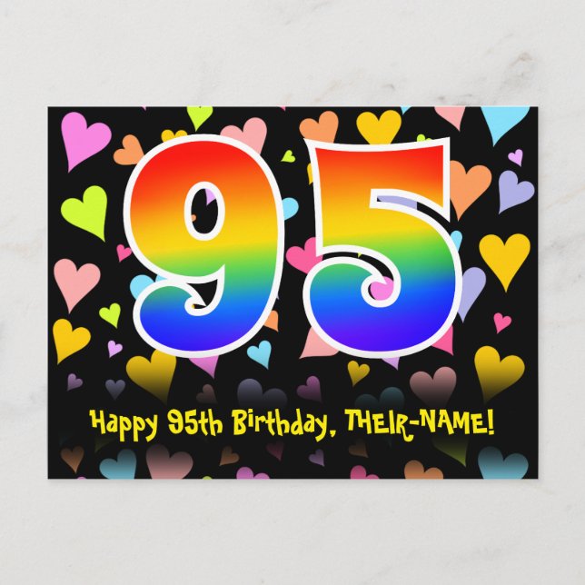 Carte Postale 95e anniversaire : motif coeurs amusants, arc-en-c (Devant)