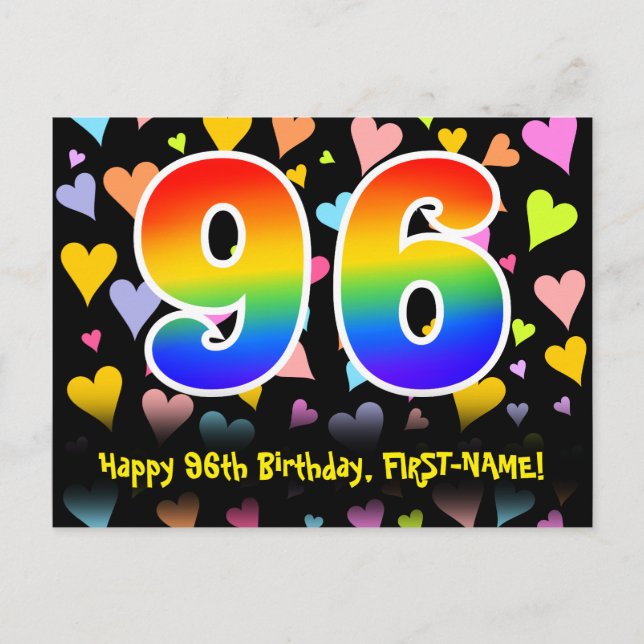 Carte Postale 96e Anniversaire : Motif coeurs amusants, Arc-en-c (Devant)