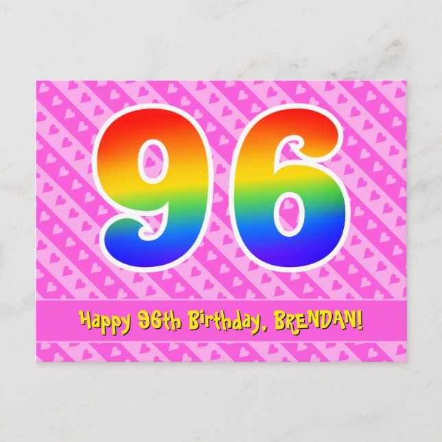 Carte Postale 96e anniversaire : Rayures roses & Cœurs, Arc-en-c (Devant)