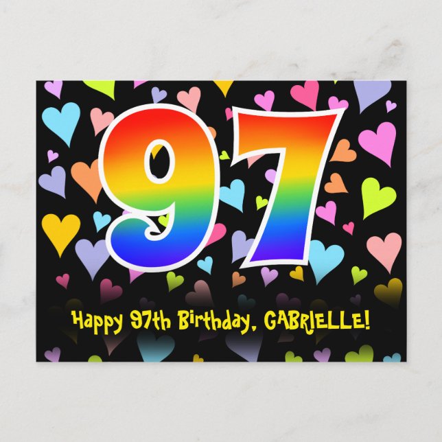 Carte Postale 97e anniversaire : Fun Hearts Motif, Arc-en-ciel 9 (Devant)