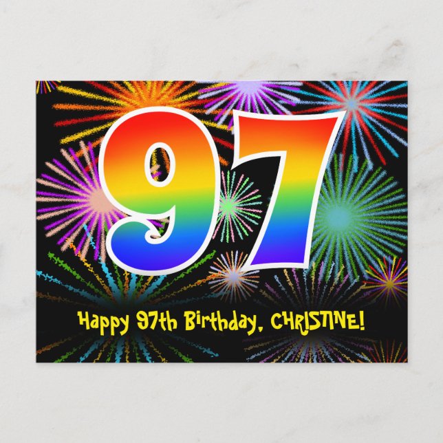 Carte Postale 97e anniversaire - Fun Motif Fireworks + Rainbow 9 (Devant)