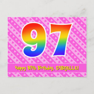 Carte Postale 97e Anniversaire : Rayures roses & Cœurs, Arc-en-c