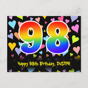Carte Postale 98e anniversaire : motif coeurs amusants, arc-en-c