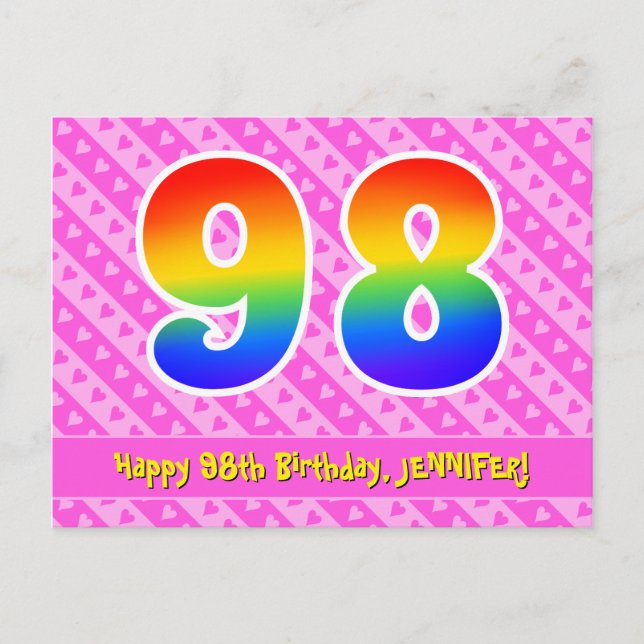 Carte Postale 98e anniversaire : Pink Stripes & Hearts, Arc-en-c (Devant)