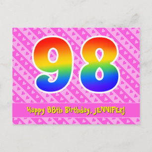 Carte Postale 98e Anniversaire : Rayures roses & Cœurs, Arc-en-c