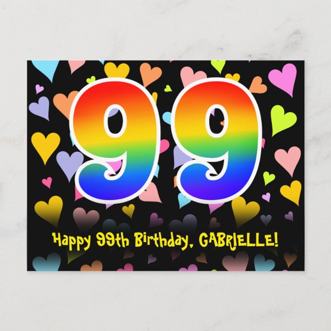 Carte Postale 99e anniversaire : motif de cœurs amusants, arc-en (Devant)